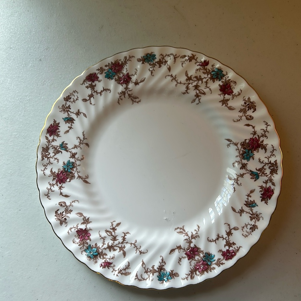 MINTON ANCESTRAL DINNER plate 10 3/4"  White and gold with pink and blue flowers